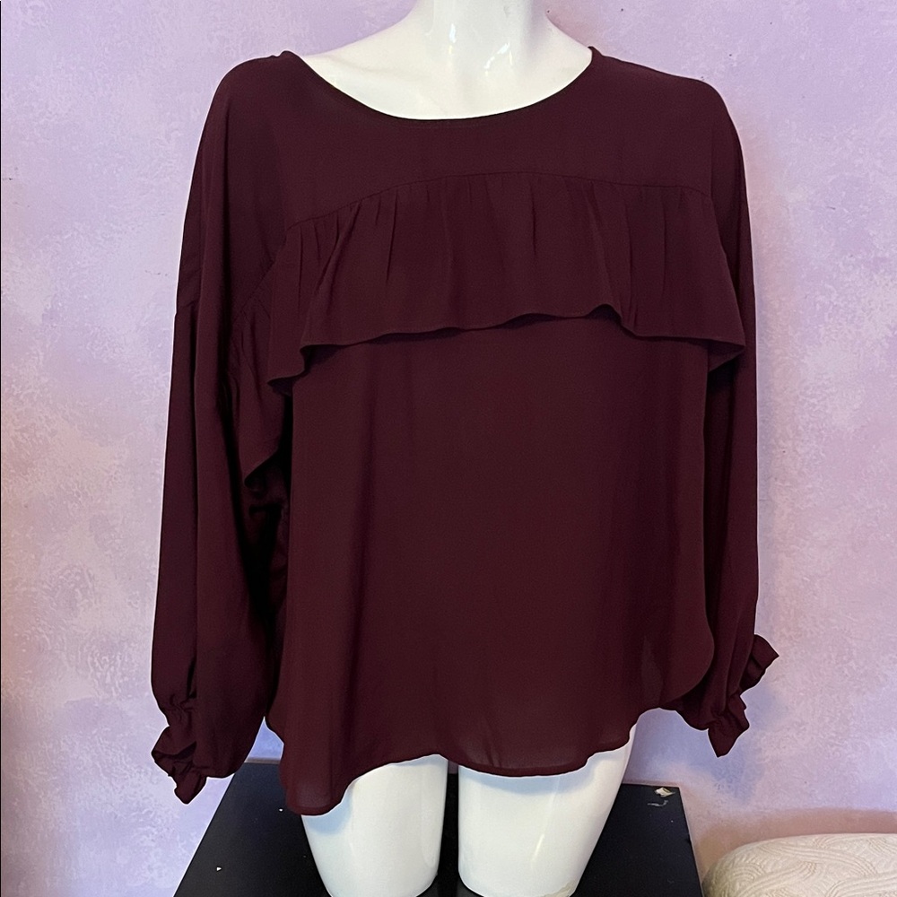 Halogen Deep Burgundy Ruffle Blouse